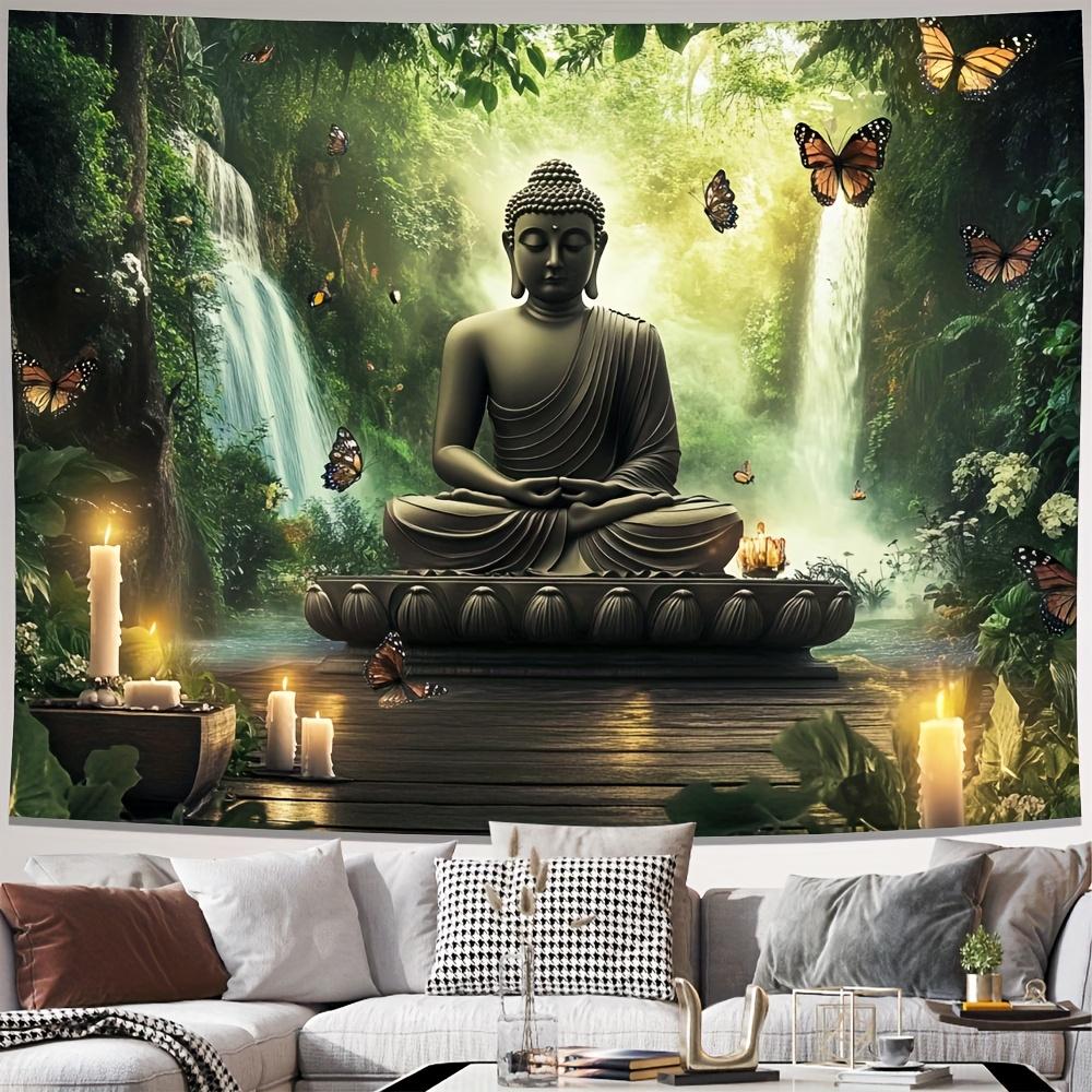 Buddha Statue Waterfall Forest Tapestry Zen Meditation Art Butterfly Decor Peaceful Nature Wall Hanging Living Room Print