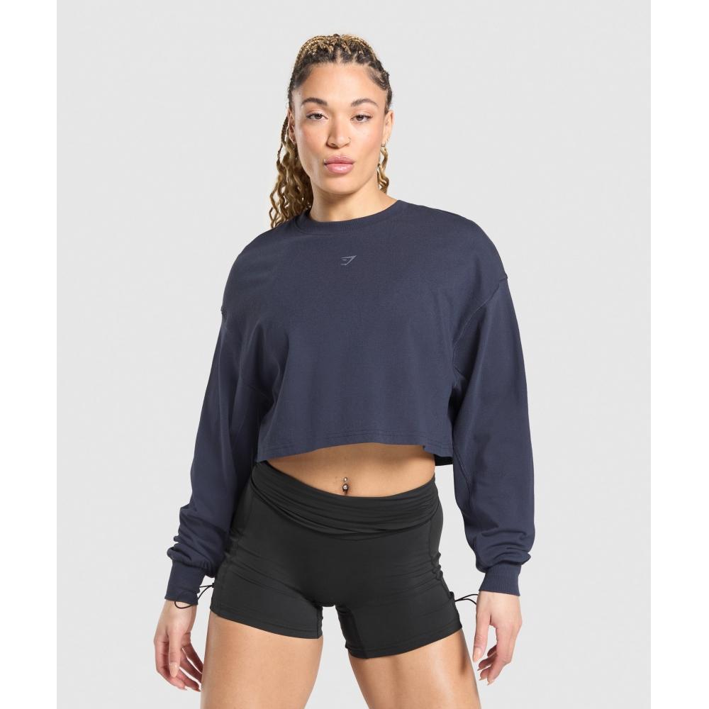 Gymshark Wordmark Graphic Long Sleeve Top Heavy Blue B2c8u Uctn