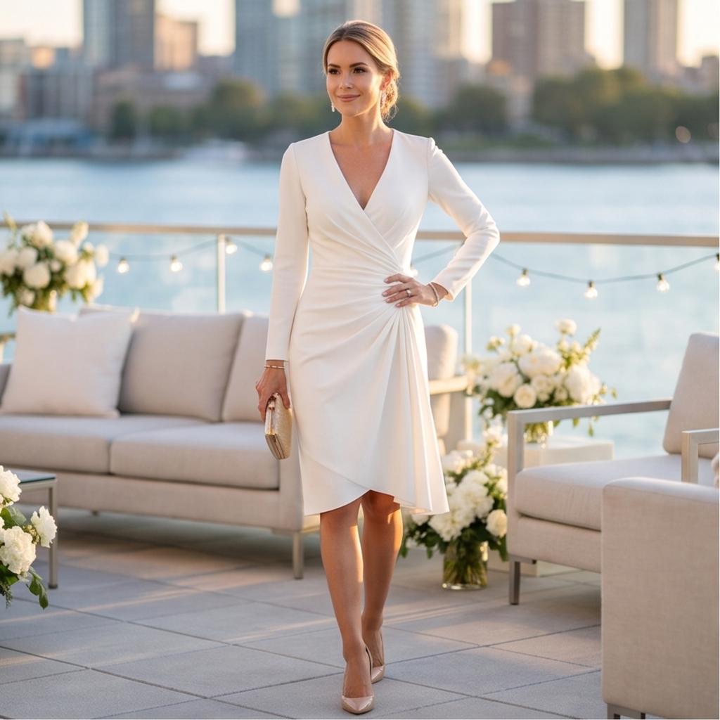 Women's Sexy Long Sleeve V-Neck Pleated Bodycon Dress Slim Fit Color