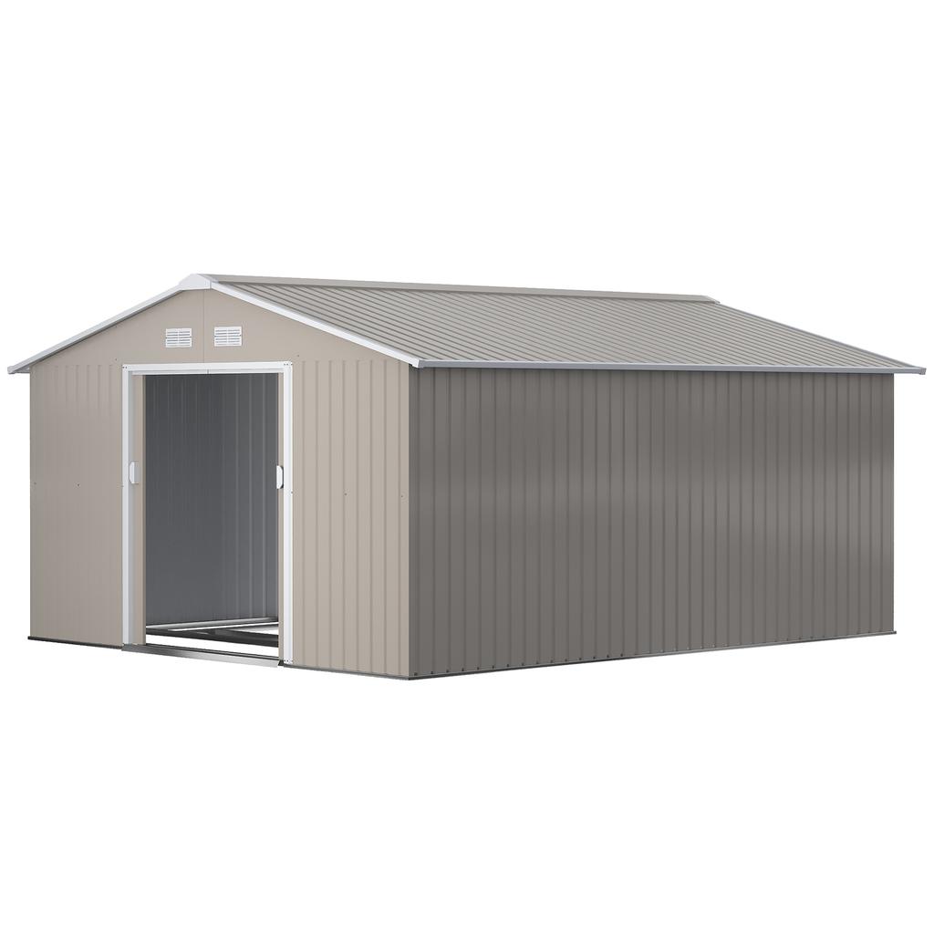 13 x 11 pés Galpão de Armazenamento de Metal para Jardim Galpão de Armazenamento Externo com Kit de Fundação Ventilação e Portas, Cinza Claro