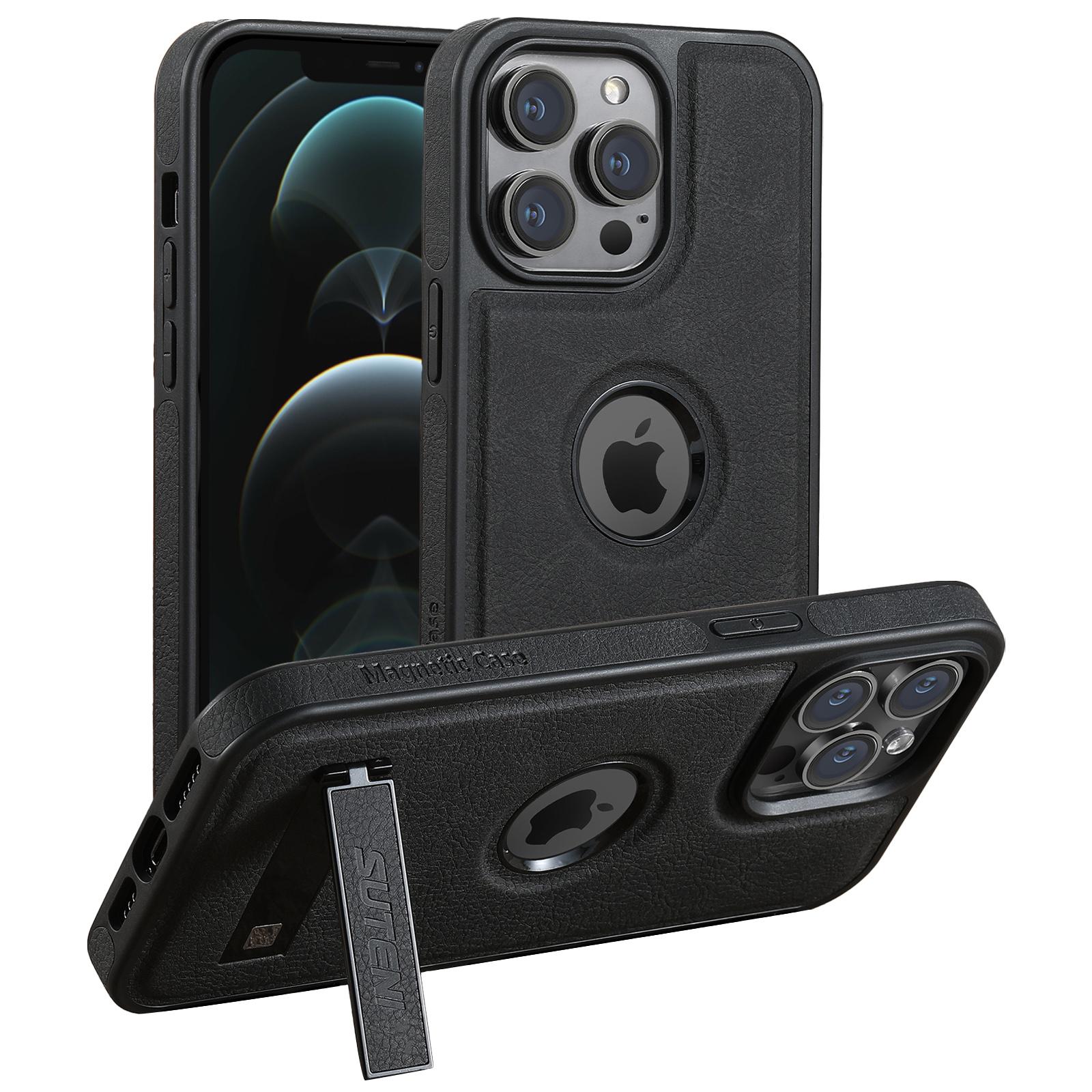 

SUTENI G2 For iPhone 12 Pro Max Magnetic Case Litchi Texture Kickstand Leather+TPU Phone Cover Black