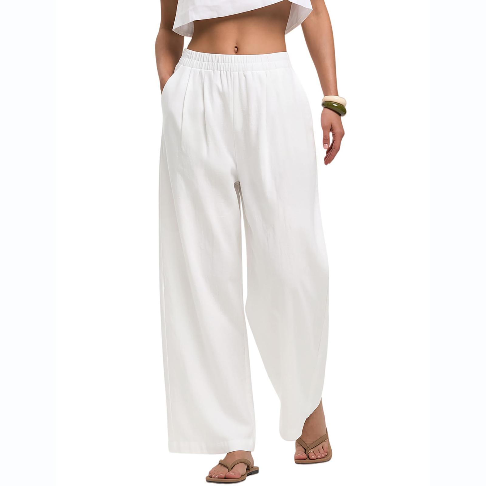 

Women s Casual, Loose-Fitting, Flowy Linen Wide-Leg Beach Pants XL білий