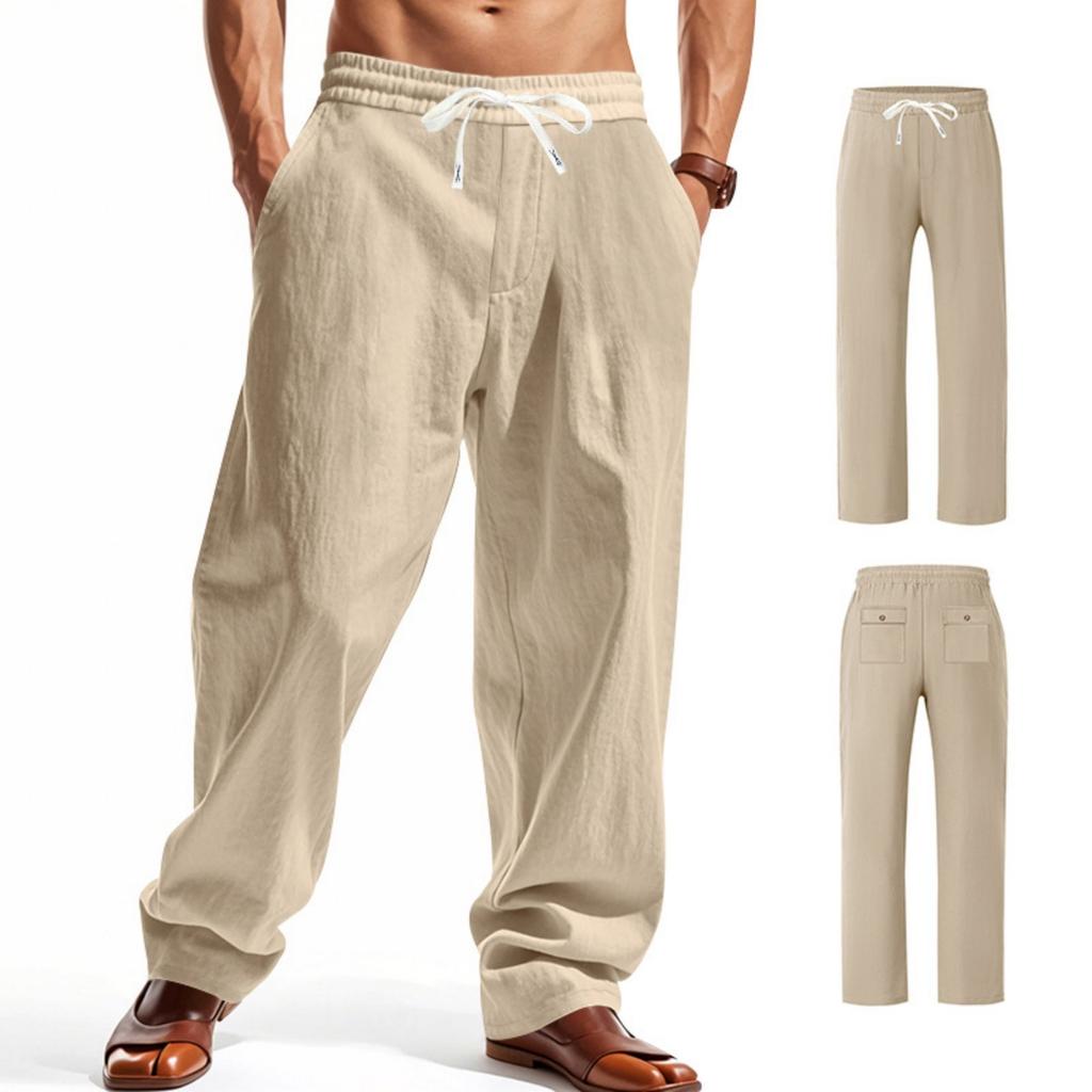 Linen Pants, Men's Casual Solid-color High Street Wide-leg Cargo Pants, Lace-up Work Pants With 4  Pockets