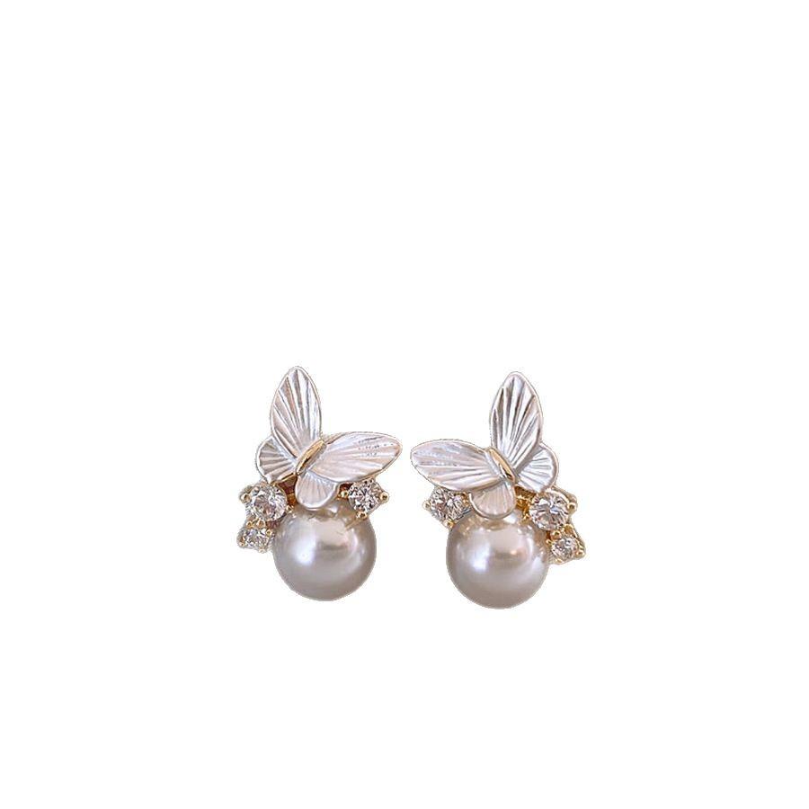 Silver Needle Diamond Drip Oil Butterfly Pearl Earrings Korean Super Fairy Cute Earrings Women's Exquisite Earrings Design Sense Niche
