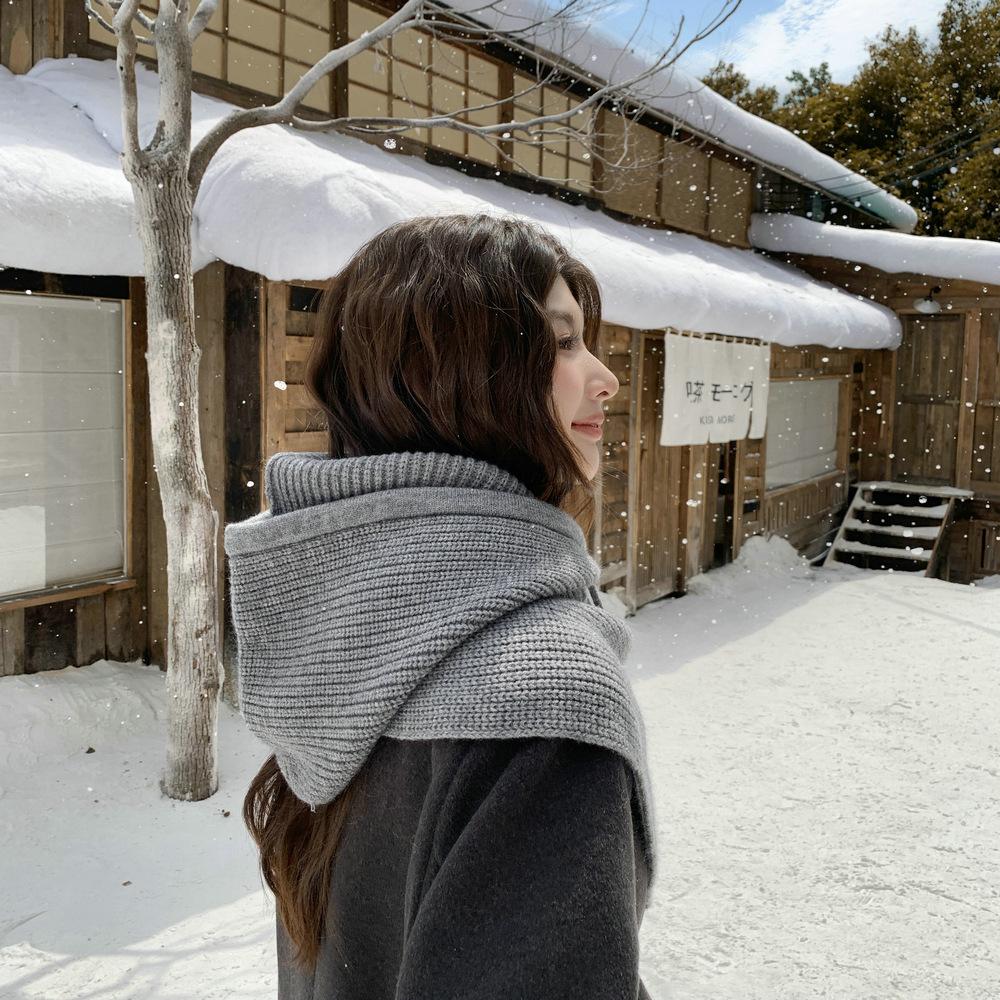 Solid color balaclava hat knitted pullover scarf integrated drawstring autumn and winter windproof and warm women's ear protective wool hat