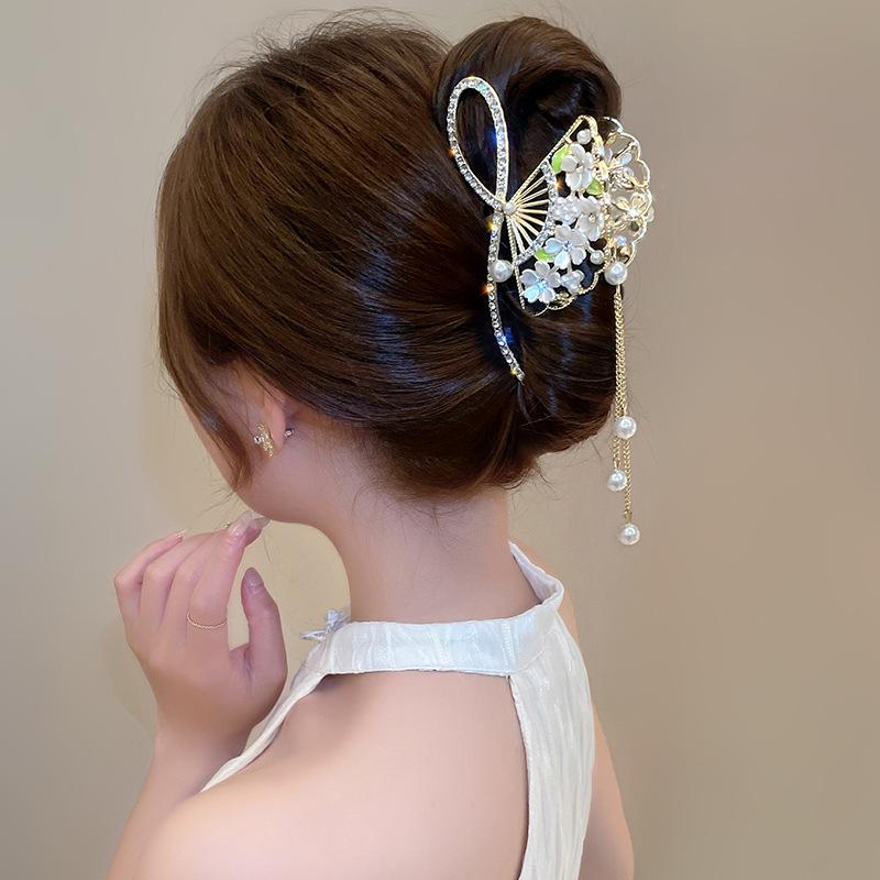 Mote Retro Vifte Duskel Stil Grab Clip Rhinestone Hårklemme Hestehale Klemme Grab Clip Elegant Hodeplagg Kvinne