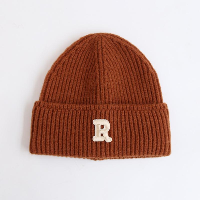Wool hat women's autumn and winter new letter R standard knitted hat flanged ear protection warm Internet celebrity cold hat tide
