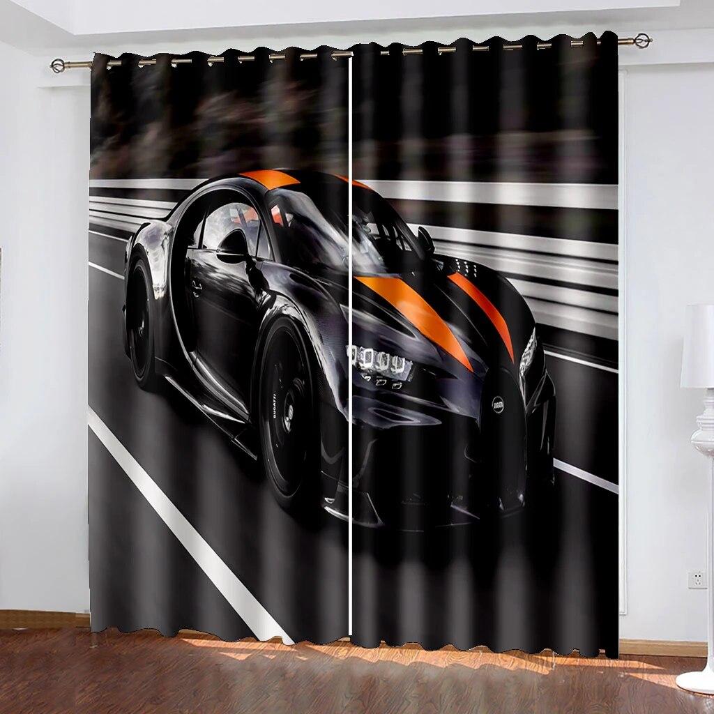 3D Trendy City Sports Car Scenery 3D Printing Semi Sunshade Window Curtain Polyester Fabric For Bedroom Hook Accessories  2pcs