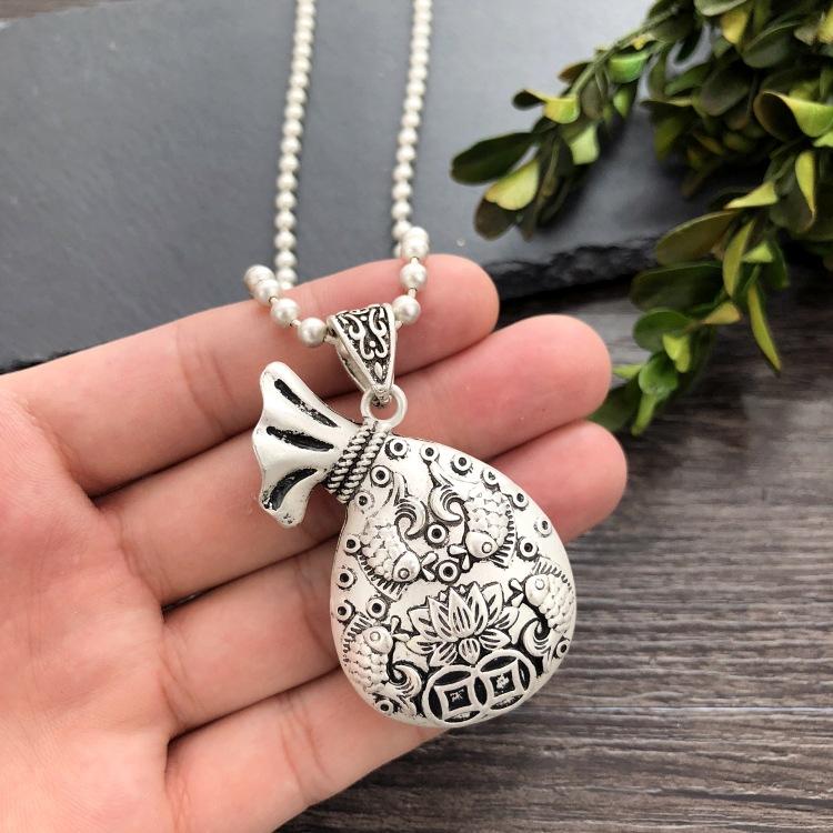 Vintage Thai silver long necklace flower pendant simple long sweater chain accessories women