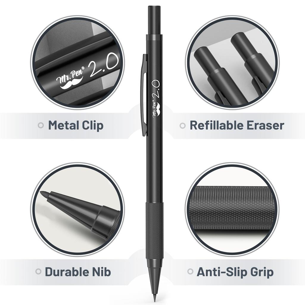 Pen Metal Mechanical Pencil Set with Lead and Eraser 5 and Perfect for Mr. Refills, Sizes, Black 0.3, 0.5, 0.7, 0.9, 2mm. Drawing.