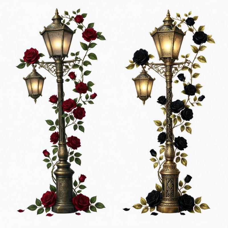 Vintage Street Lamp Wall Decal Red Rose Vine Self Adhesive For Living Room Bedroom Home Wall Decor