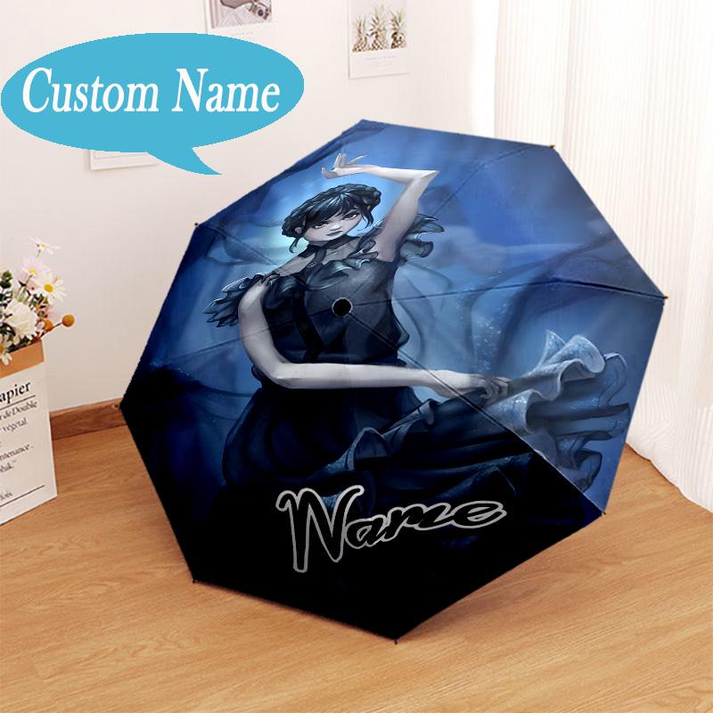 Custom Name Wednesday Umbrella Folding Umbrella, Automatic Umbrella 8-Frame for Travel, Casual Lightweight Birthday Christmas gift