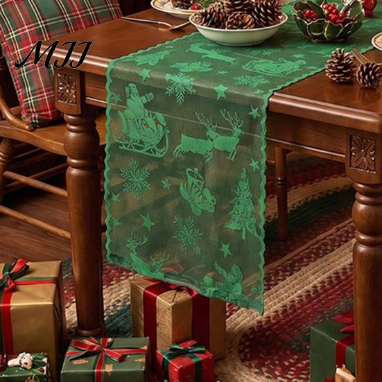 Holiday Table Runner Christmas Lace with Tassels, Sheer Embroidery Snowflake Sleigh Xmas Tablecloth, Cover for Parties Dining Room Decor Entryway