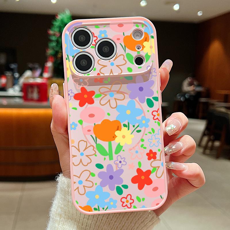 Pink Cartoon Floral Case For iPhone 17 Pro Max iPhone 16 Pro Max 15 14 13 Magnetic For Magsafe Hybrid TPU+PC Matte Cover