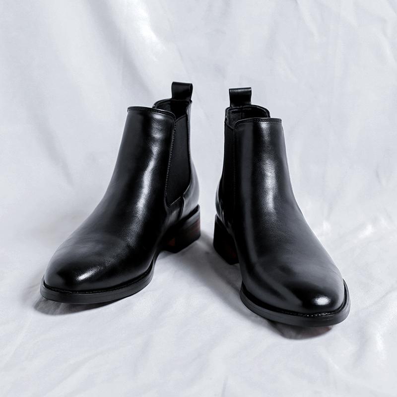 

Мужские туфли с острым носком для улицы, деловые, повседневные, кожаные, мужские слипоны, высокие ботинки, новинка 2024 года, всепогодные мотоботы 44 чёрный