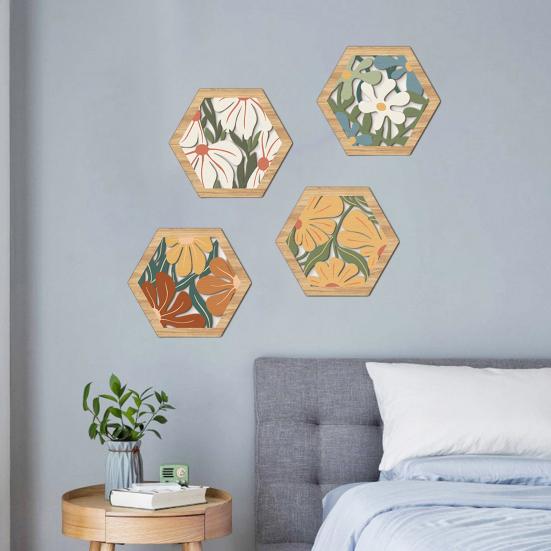 4 Pcs Flowers Wooden Wall Art Decor Hexagon Hollow Out Boho Flower Wall Sculpture Bohemian Farmhouse Hanging Sign for Bedroom Living Room