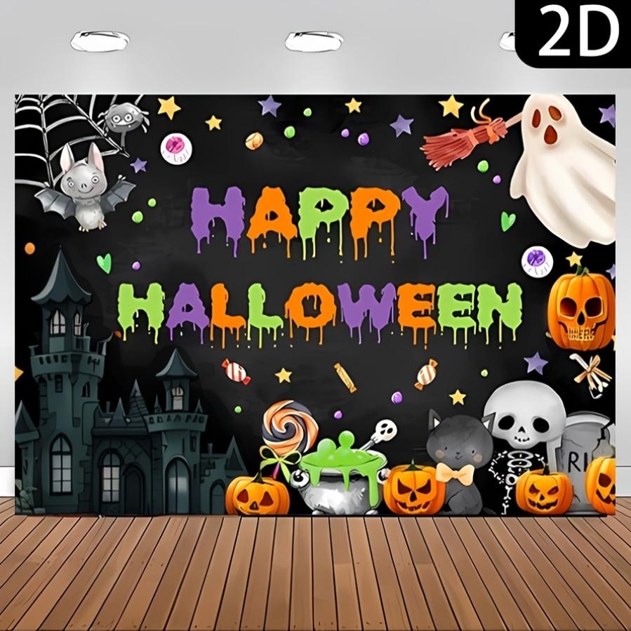 1pc Cartoon Halloween Happy Background Cloth - Featuring designs of ghosts, pumpkins, bats and spider webs, made of polyester