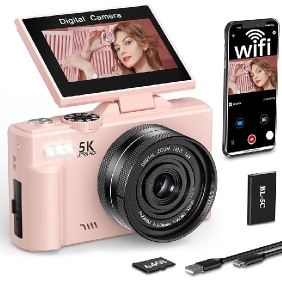 FLATIC Digital Camera, 5K 75MP Cameras for Photography with WiFi & 64GB TF Card, Autofoucs Vlogging Camera for YouTube with 180° Flip Screen,