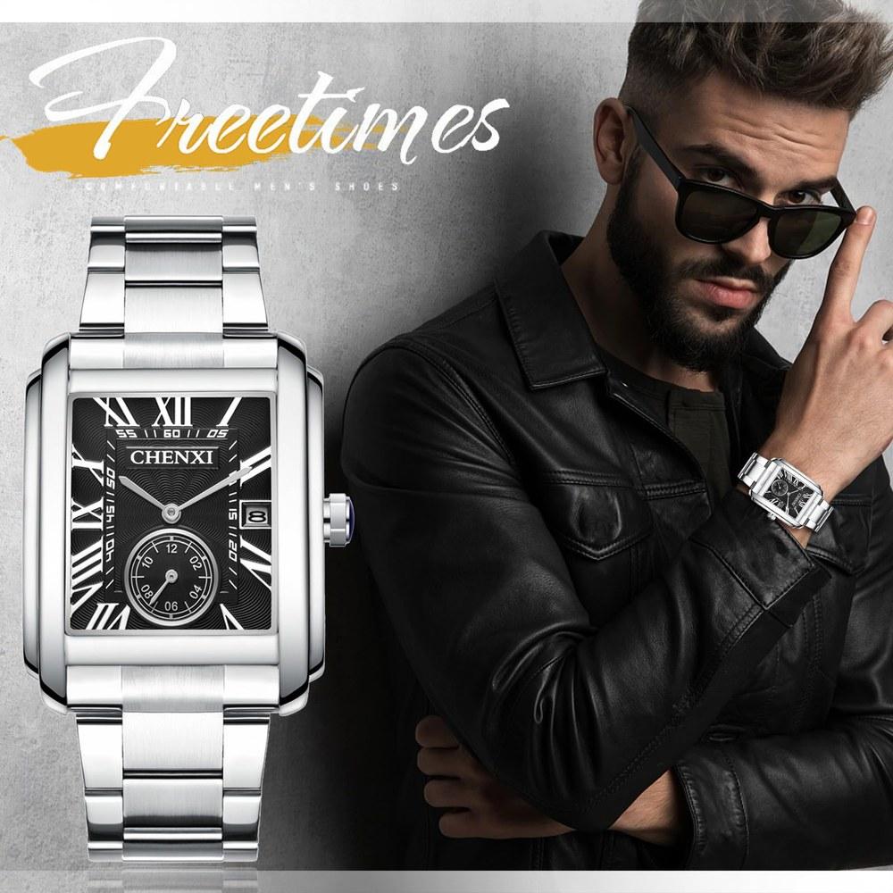 JewelryWe Men's Square Quartz Watch 3ATM Water Resistant Stainless Steel Band Roman Numerals Analog Calendar Casual Stylish Silver Gift for Boyfriend