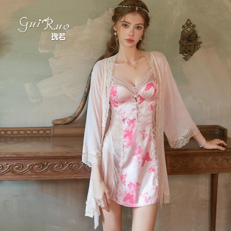 Women's Satin Sheer Mesh Butterfly Print Push Up Padded Backless Sleep Dress with Robe Lounge Set
