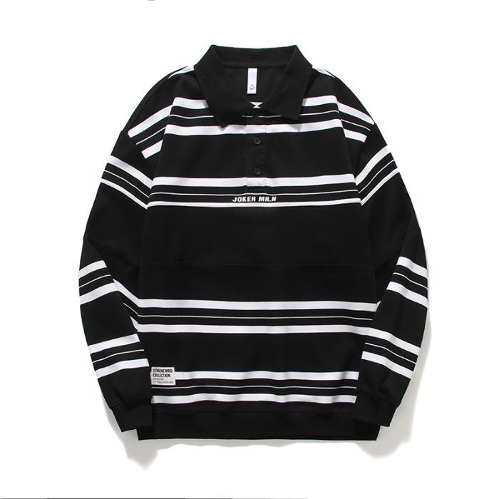 

Осенняя американская тяжелая рубашка поло свитер мужская свободная одежда больших размеров с лацканами полосатый топ с длинными рукавами 4XL чёрный