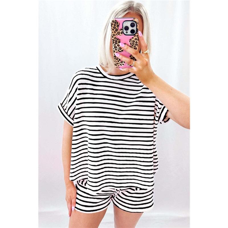 Women's 2Pcs Striped Pajama Set Short Sleeve T-Shirt + Drawstring Shorts Casual Loungewear For Summer Loose Fit Homewear