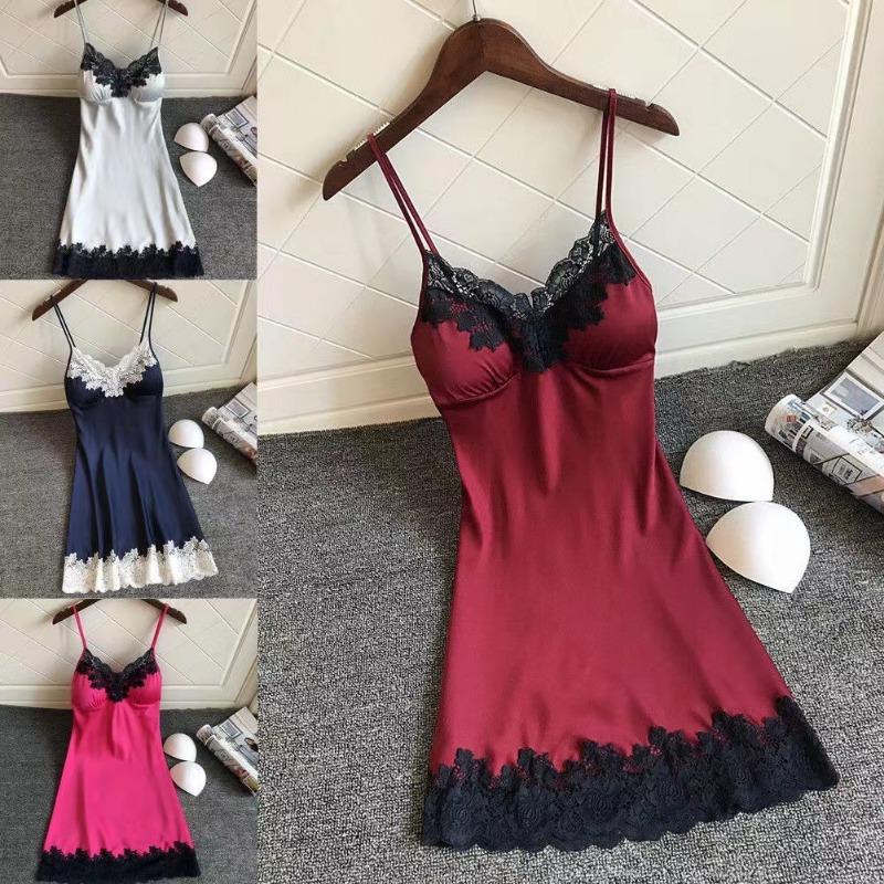 Sexy Damen Seidenrobe Kleid Nachthemd Weiche Spitze Lässiges Nachthemd Träger Nachtwäsche Nachthemd