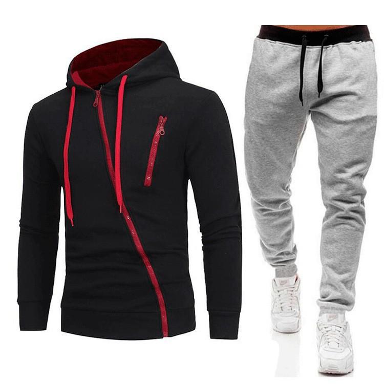 Men s Casual Sports Slanted Zipper Sweatshirt Set Fashionable Trend Cardigan Hooded M