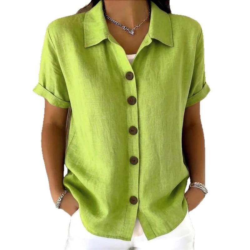 Casual Comfortable Cotton Linen Short Sleeve Button Shirt For Women