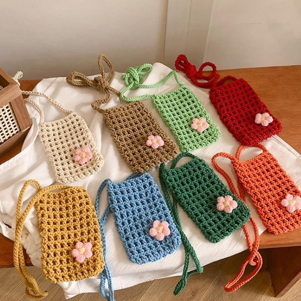 Sweet Flower Weaving Crossbody Bag Hollow Square Crochet Phone Bag Solid Handmade Knitted Messenger Bag Outdoor