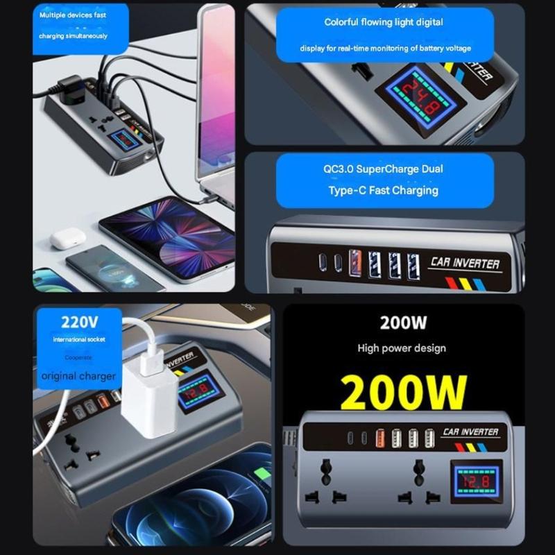 Heavy Duty 12V/24V To 220V 200W Car Inverter Type C USB Port Phone Charging Power Adapter For Travel Monitoring