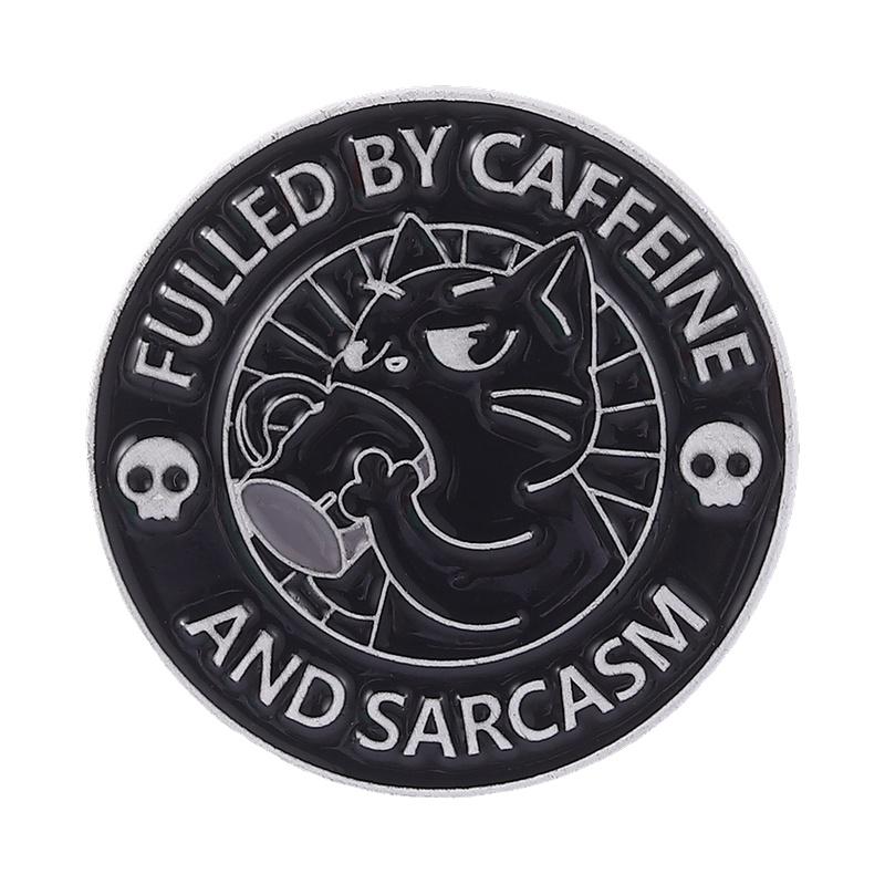 

7 Styles Round Coffee Cat Skeleton Enamel Enamel Pins Witty Gothic Skull Style Brooches Funny Lapel Badge Gifts For Friends