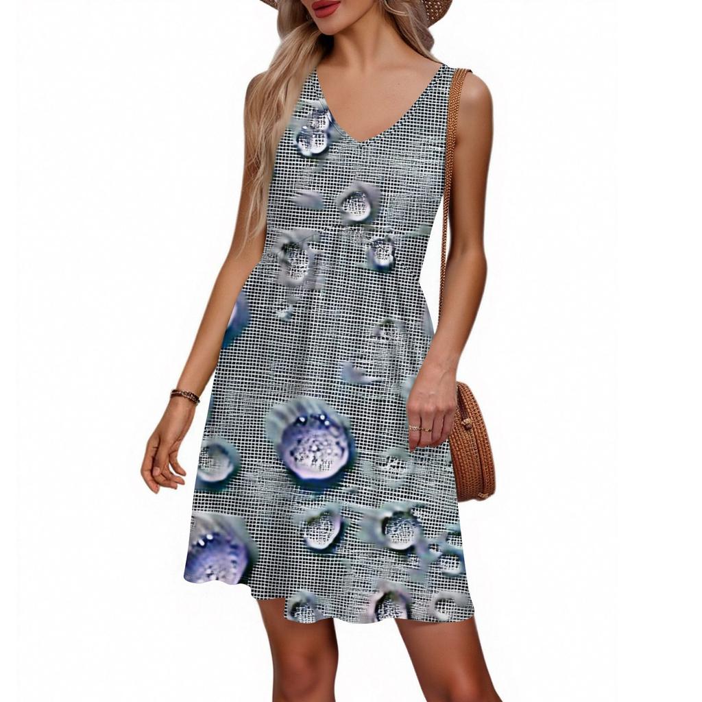 Women's Summer V-neck Casual Beach Vacation Retro Floral Print Sleeveless Patchwork Dress