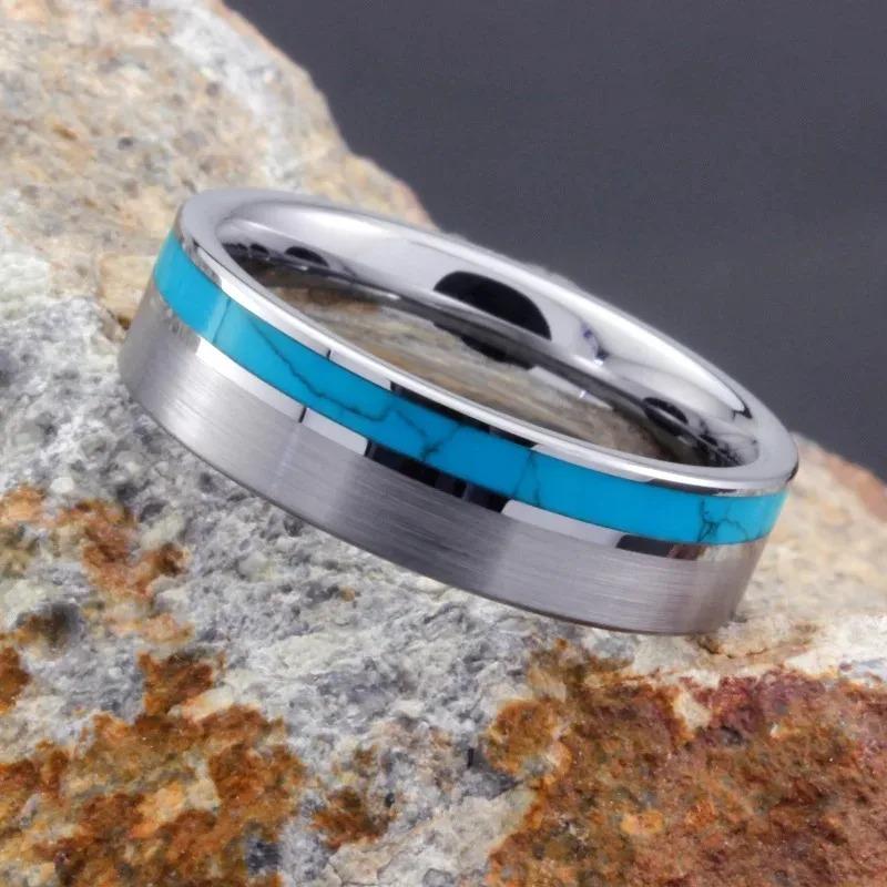 8mm Men Silver Color Stainless Steel Ring Blue Turquoise Stone Inlaid Polished Flat Ring For Men Wedding Band Jewelry