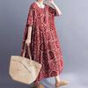 2025 Dámské dlouhé šaty, letní nové literární velké velikosti, volné tištěné šaty pro střední a starší osoby s krátkým rukávem a roztrhaným květem