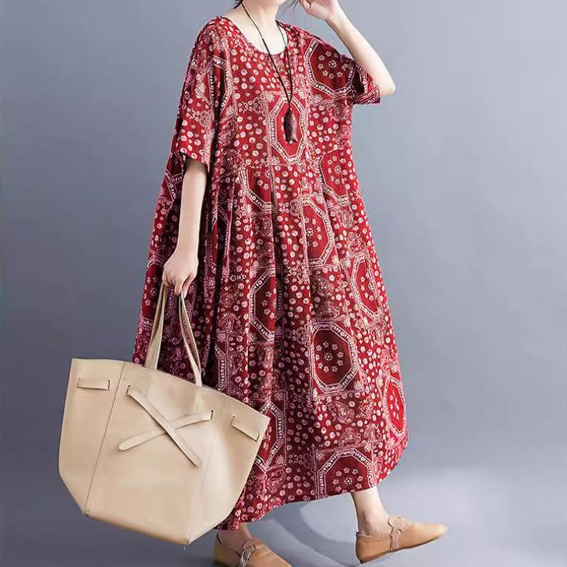 2025 Women Long Dress Summer New Literary Big Size Loose Printed Middle-aged and Elderly Broken Flower Short Sleeve Dress