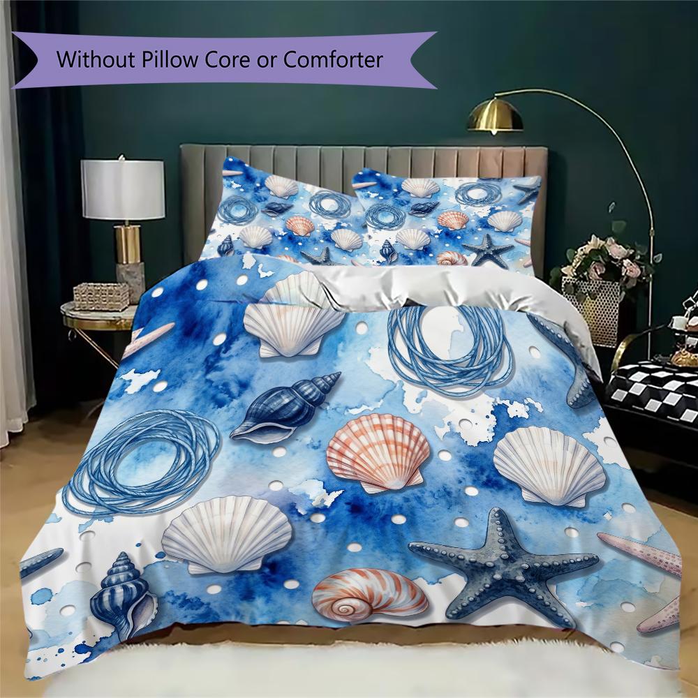 Beach Seagull Shell Pattern Bedding uilt Set uilt Cover Pillowcase Home Decoration Birthday Gift (1 * duvet cover + 2 * pillowcase without core)