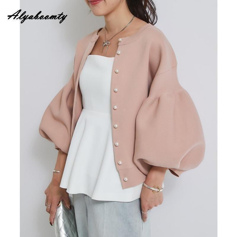Maglione Autunno Inverno Ulzzang Coreano Donna Blu Rosa Nero Albicocca Maglia Cardigan Manica a Lanterna Lavorato a Maglia Capispalla Elegante