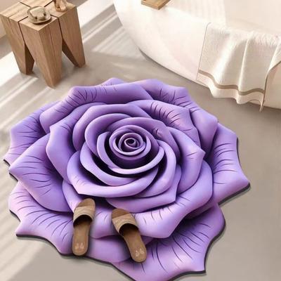 3D Rose Floor Mat Absorbent Floral Bathroom Rug with Non-Slip Backing Realistic Flower Decorative Carpet