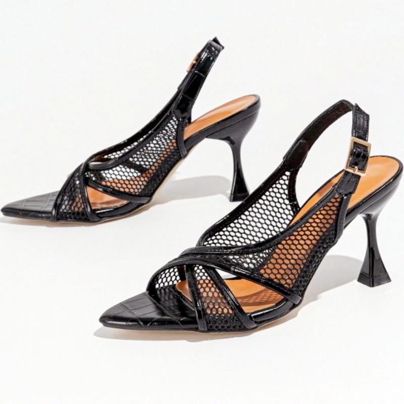 Fashion Mesh Pointed Toe Thin High Heel Women Sandals Fashion Patent Leather buckle strap Large Size Women Shoes Sexy Banquet Party Shoe
