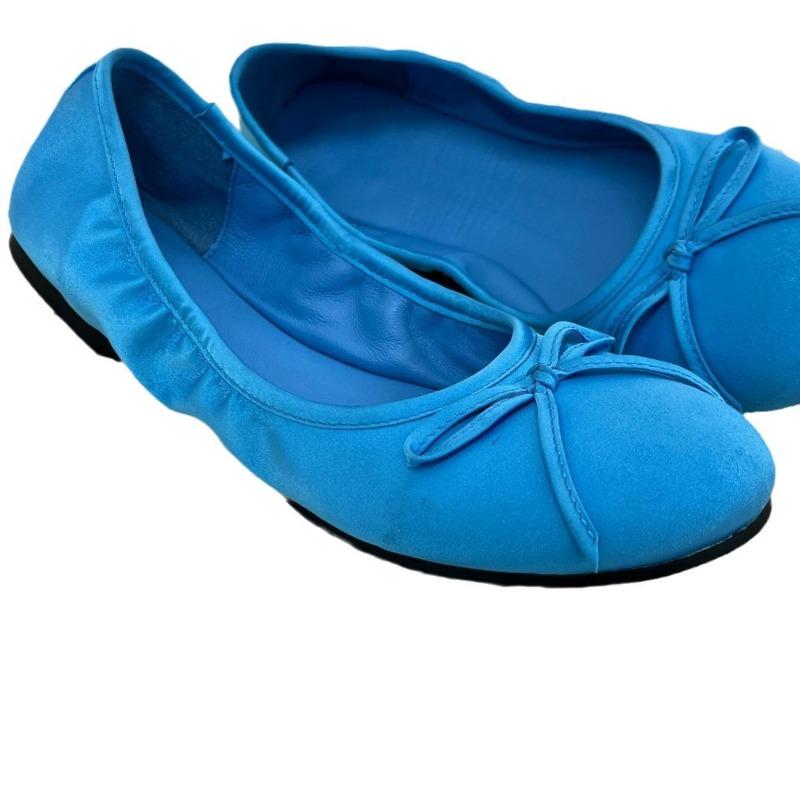 Silk Bow Ballet Shoes Women's Round Head Light Mouth Flat Bottom One Pedal Soft Sole Silver Mary Jane Shoes