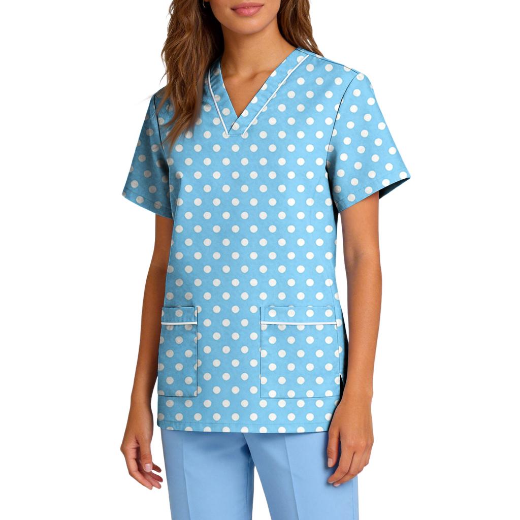 Women's Stretch Quick-Dry V-Neck Short Sleeve Workwear Top with Polka Dot Print & Pockets