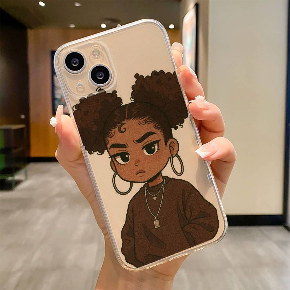 Afro Black Girls Cartoon  Phone Case For iPhone 17 16e 16 15 14 13 12 11mini Pro Max X XR XSMAX 8 7 Air Plus Soft Cover