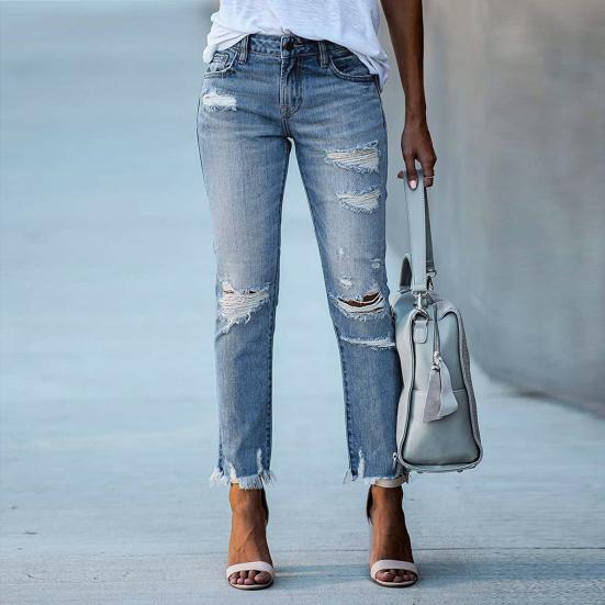 Women's Skinny Ripped Jeans Mid Rise Distressed Destroyed Denim Pants with Pockets Stretchy Slim Fit Jean Trousers