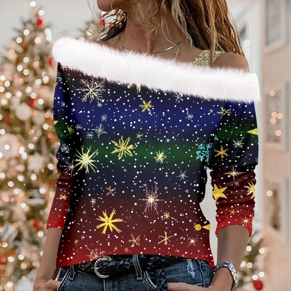 Women's Autumn And Winter Long Sleeved Single Shoulder Strap Christmas Print Pullover Top