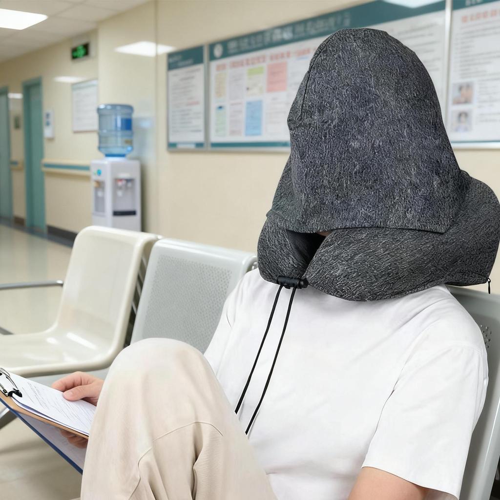 Memory Foam Hooded U-Shaped Travel Pillow with Detachable Cover Portable Neck Support for Airplane Office Nap Car and Home Use