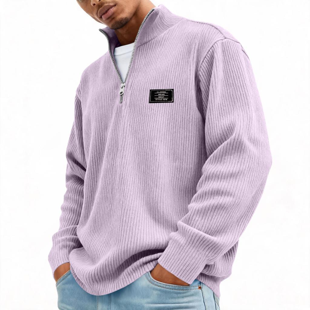 Men's Retro Corduroy Long Sleeve Shirt with Zip-Up Stand Collar Casual Top