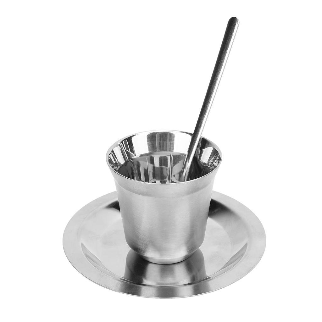Coffee Cup Set with Saucer Spoon 80ml Double Wall Insulated 304 Stainless Steel Demitasse Cup for Te