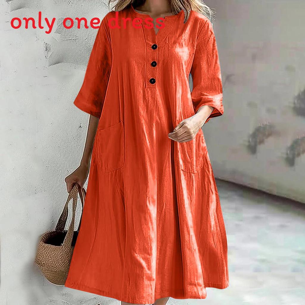 Casual A Line Dress With Pockets For Womens Autumn Style In Cotton Linen Fabric