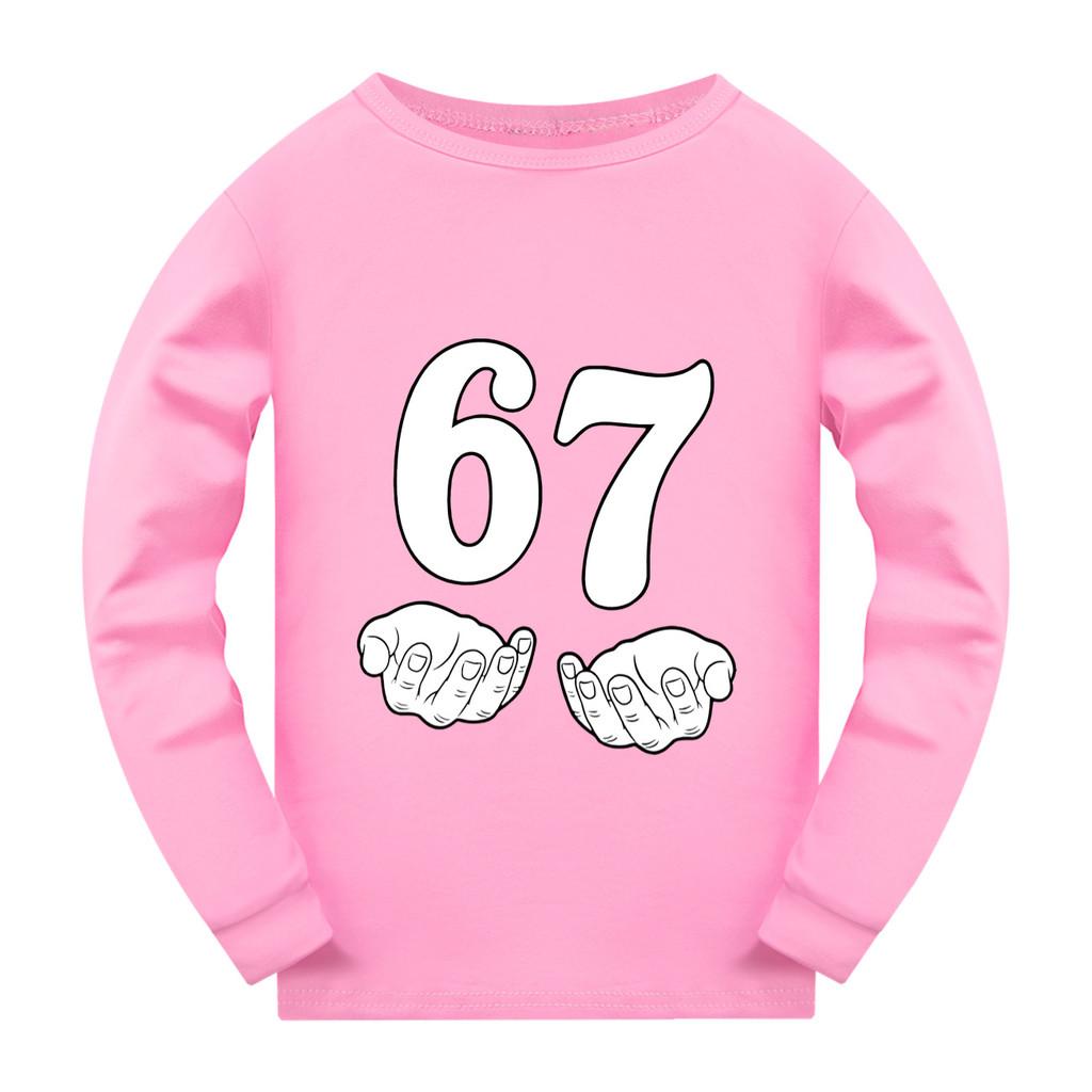 5391 Boy Girl Cotton Brainrot 67 Print Long Sleeve T-Shirt 170cm розовый